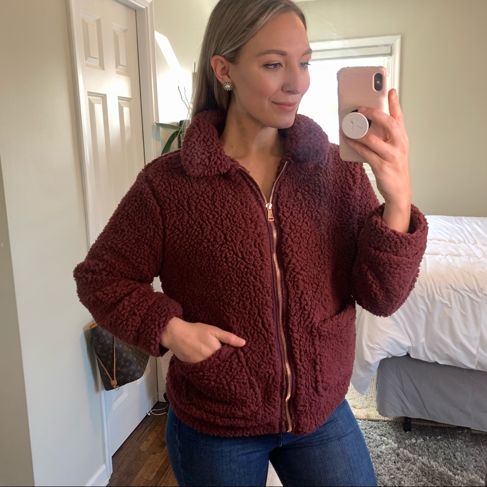 Ashley Teddy Bear Fur Bomber Jacket in Burgundy